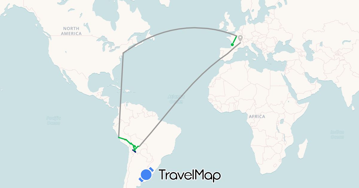 TravelMap itinerary: driving, bus, plane, hiking, boat in Bolivia, Spain, France, Peru, United States (Europe, North America, South America)